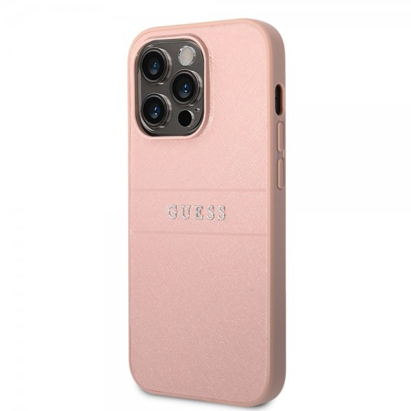 Guess iPhone 14 Pro Deksel Saffiano Metal Logo Stripes Rosa