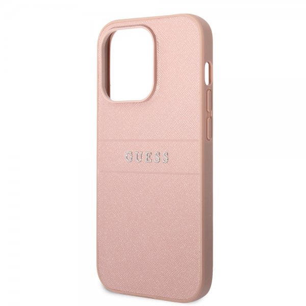Guess iPhone 14 Pro Deksel Saffiano Metal Logo Stripes Rosa