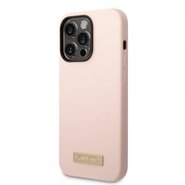 Guess iPhone 14 Pro Deksel Silicone Metal Plate MagSafe Rosa