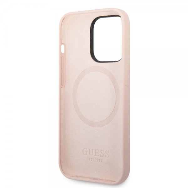 Guess iPhone 14 Pro Deksel Silicone Metal Plate MagSafe Rosa