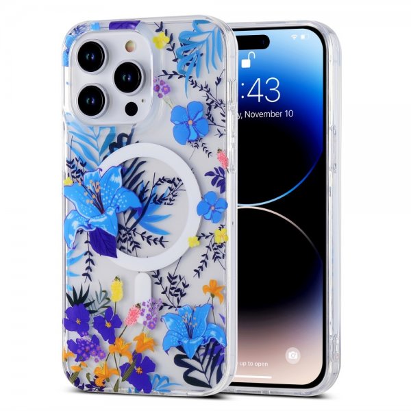 iPhone 14 Pro Deksel Spring Series MagSafe Blåa Blomster