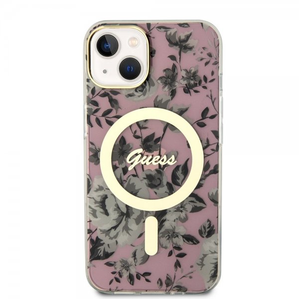 Guess iPhone 14 Deksel Flower MagSafe Rosa