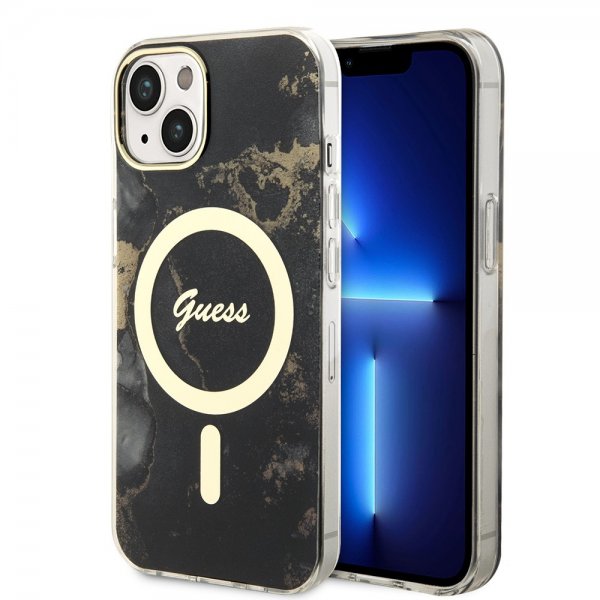 Guess iPhone 14 Deksel Golden Marble MagSafe Svart