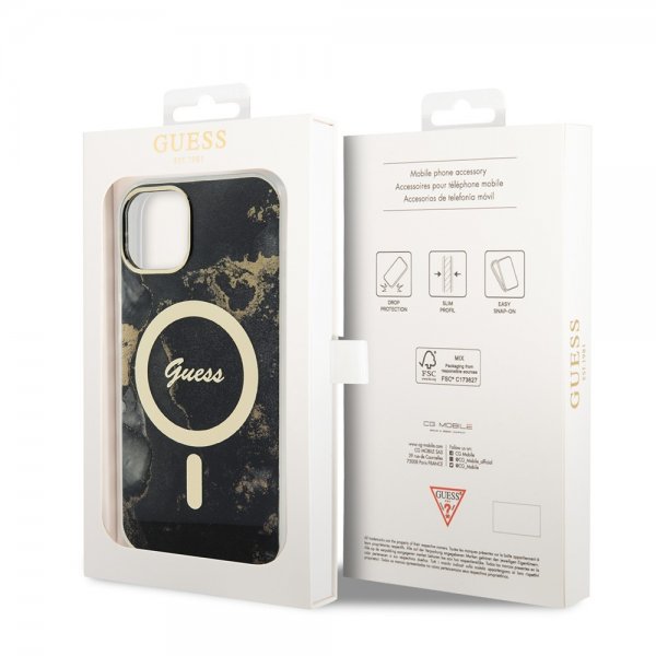 Guess iPhone 14 Deksel Golden Marble MagSafe Svart