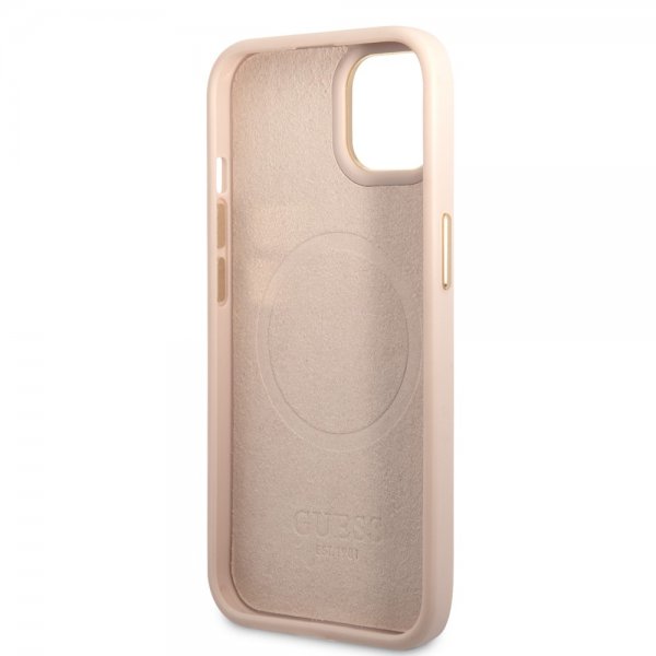 Guess iPhone 14 Deksel Metal Plate Logo MagSafe Rosa