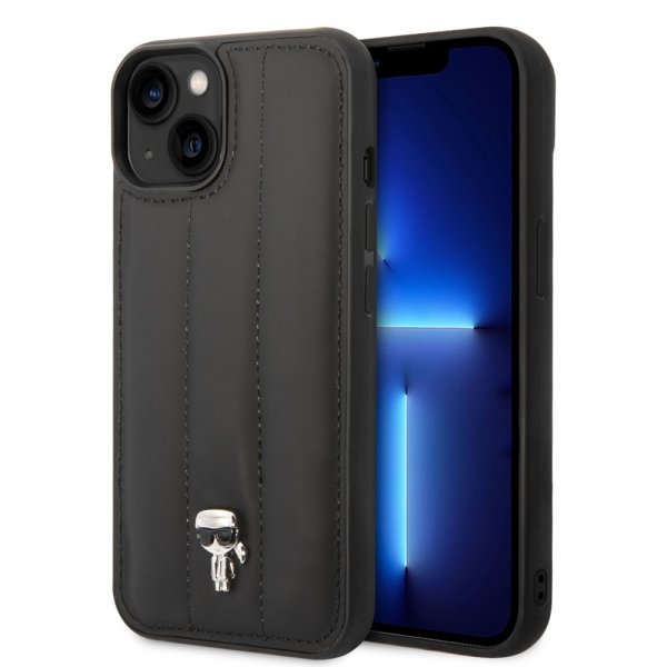 Karl Lagerfeld iPhone 14 Deksel Quilted Nylon Puffy Case Ikonik Pin Svart