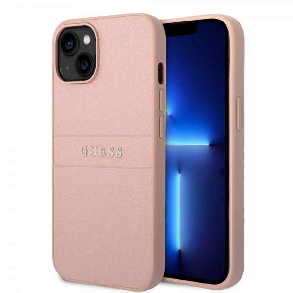 Guess iPhone 14 Deksel Saffiano Metal Logo Stripes Rosa