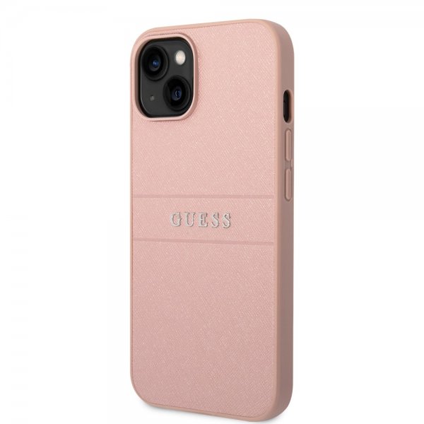 Guess iPhone 14 Deksel Saffiano Metal Logo Stripes Rosa