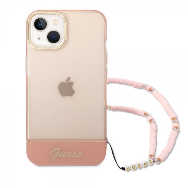 Guess iPhone 14 Deksel Translucent with Strap Rosa