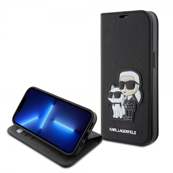 Karl Lagerfeld iPhone 15 Etui NFT Karl & Choupette Patch Saffiano Svart