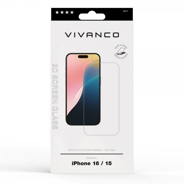Vivanco iPhone 15/iPhone 16 Skjermbeskytter Herdet Beskyttelsesglass 9H