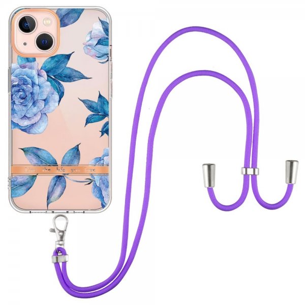 iPhone 15 Plus Deksel Blomstermønster Stropp Blå Pion
