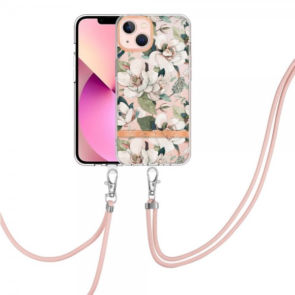 iPhone 15 Plus Deksel Blomstermønster Stropp Grønn Gardenia