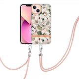 iPhone 15 Plus Deksel Blomstermønster Stropp Grønn Gardenia