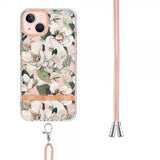 iPhone 15 Plus Deksel Blomstermønster Stropp Grønn Gardenia
