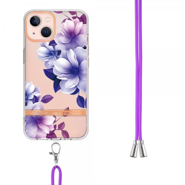 iPhone 15 Plus Deksel Blomstermønster Stropp Lilla Begonia