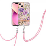 iPhone 15 Plus Deksel Blomstermønster Stropp Lilla Pion