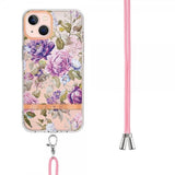 iPhone 15 Plus Deksel Blomstermønster Stropp Lilla Pion
