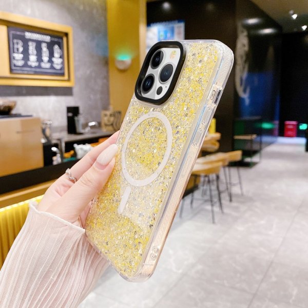iPhone 15 Plus Deksel Glitter MagSafe Gul
