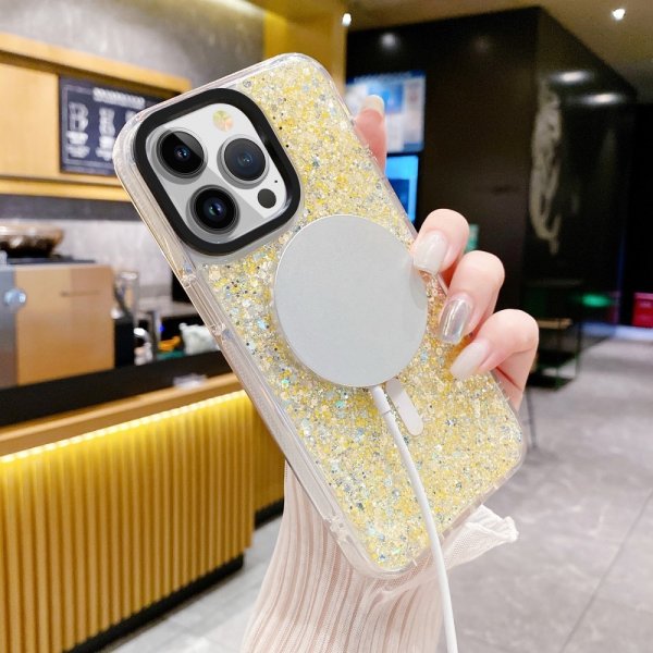 iPhone 15 Plus Deksel Glitter MagSafe Gul