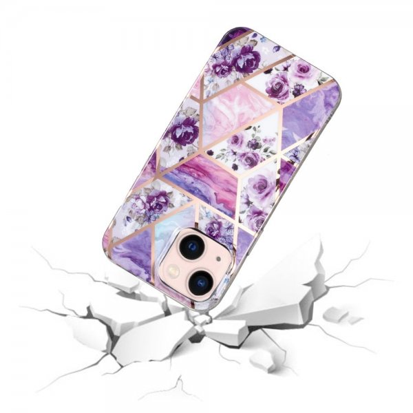 iPhone 15 Plus Deksel Marmormønster Blomster Lilla