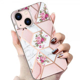 iPhone 15 Plus Deksel Marmormønster Blomster Rosa