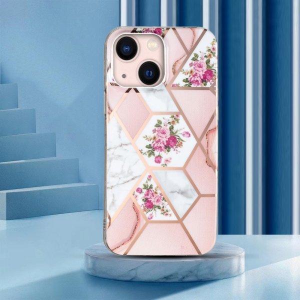 iPhone 15 Plus Deksel Marmormønster Blomster Rosa