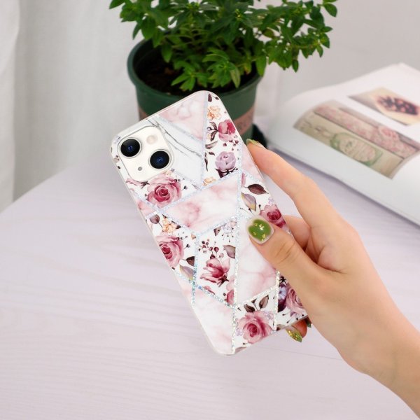 iPhone 15 Plus Deksel Marmormønster Rosor Rosa
