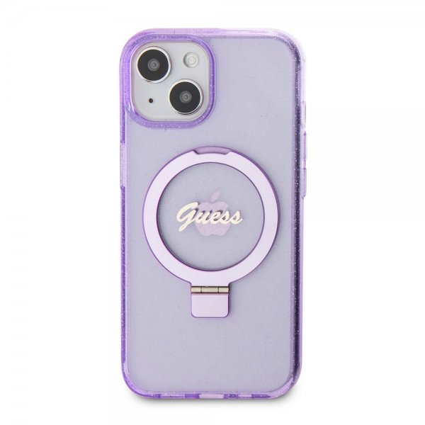 Guess iPhone 15 Plus Deksel Ring Stand Glitter MagSafe Lilla