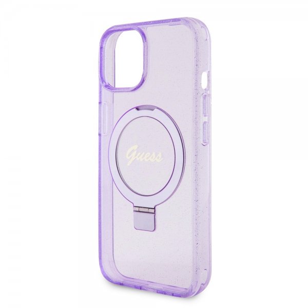 Guess iPhone 15 Plus Deksel Ring Stand Glitter MagSafe Lilla
