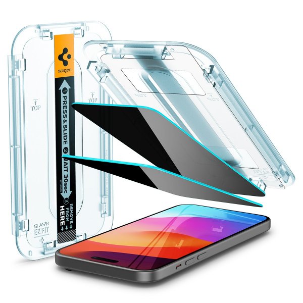 Spigen iPhone 15 Plus Skjermbeskytter GLAS.tR EZ Fit Privacy 2-pakning