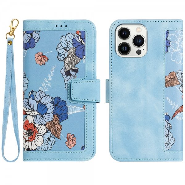 iPhone 15 Pro Etui Blomstermønster Lyseblå