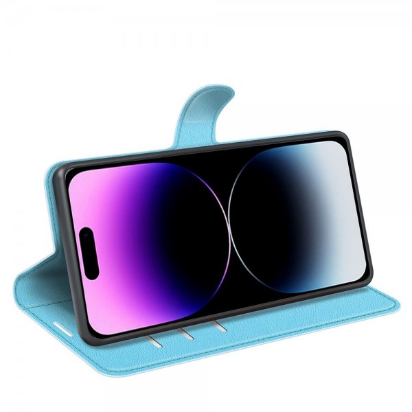 iPhone 15 Pro Etui Litchi Blå