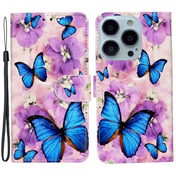 iPhone 15 Pro Etui Motiv Lilla Blomster Blå Sommerfugler