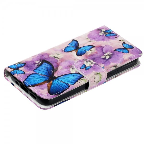 iPhone 15 Pro Etui Motiv Lilla Blomster Blå Sommerfugler