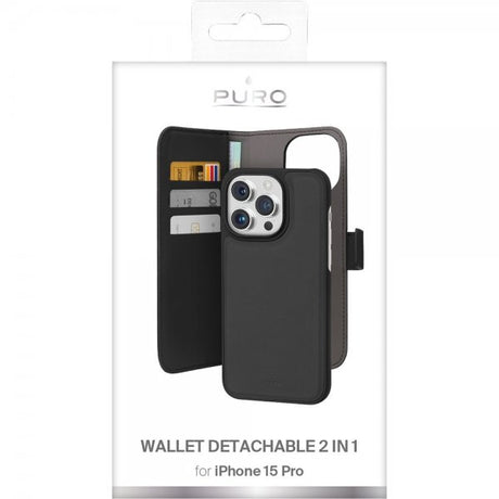 Puro iPhone 15 Pro Etui Wallet Detachable 2 in 1 Svart