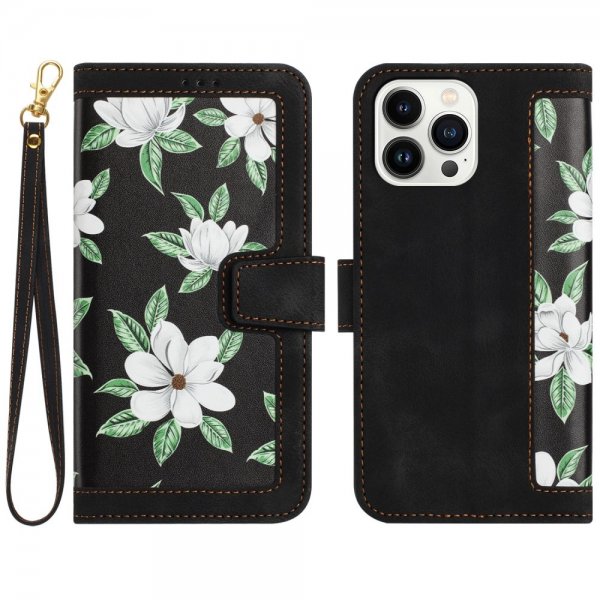 iPhone 15 Pro Max Etui Blomstermønster Svart