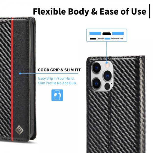 Lc.Imeeke iPhone 15 Pro Max Etui Karbonfibertekstur Rød Stripe Vertical Svart
