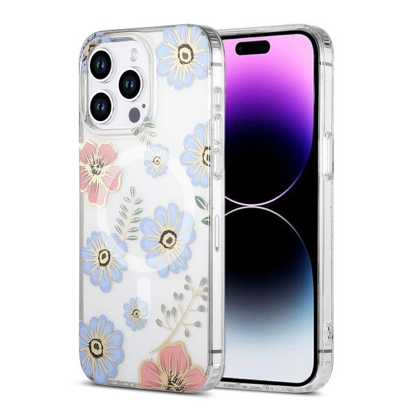 iPhone 15 Pro Max Deksel Blomstermønster MagSafe Rød Blå