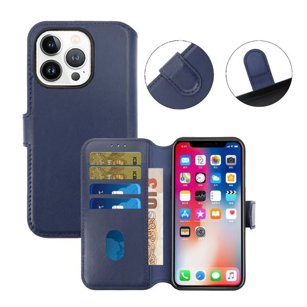 Rvelon iPhone 15 Pro Max Etui Ekte Skinn Blå