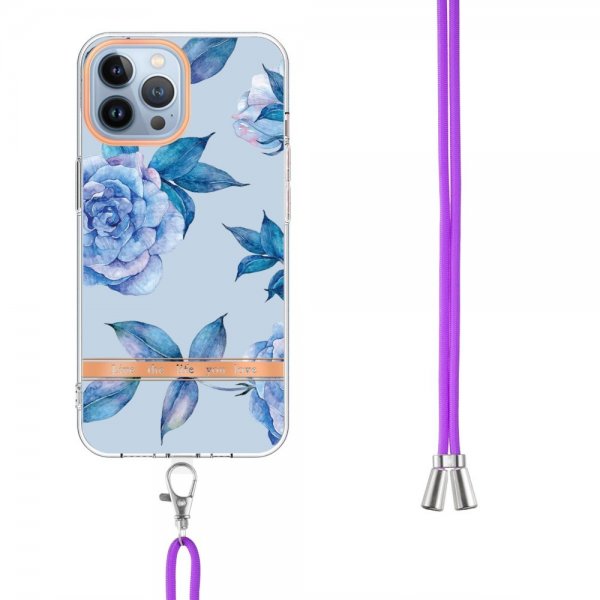 iPhone 15 Pro Max Deksel Blomstermønster Stropp Blå Pion