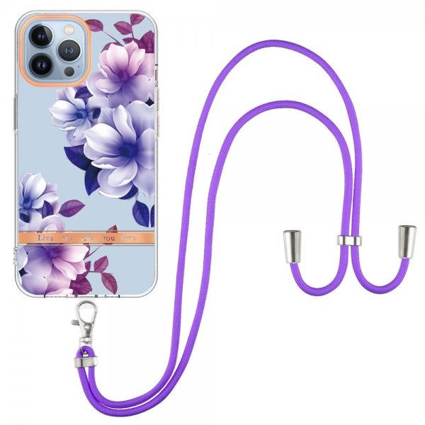 iPhone 15 Pro Max Deksel Blomstermønster Stropp Lilla Begonia