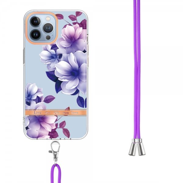 iPhone 15 Pro Max Deksel Blomstermønster Stropp Lilla Begonia