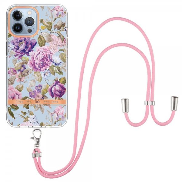 iPhone 15 Pro Max Deksel Blomstermønster Stropp Lilla Pion