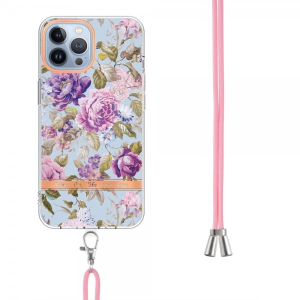 iPhone 15 Pro Max Deksel Blomstermønster Stropp Lilla Pion