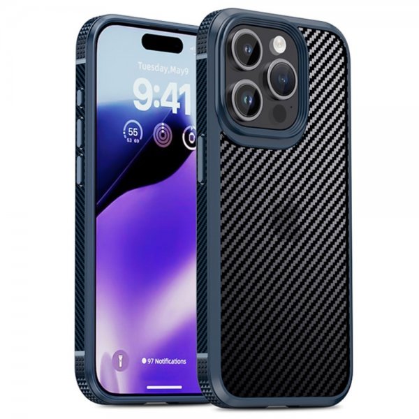 Ipaky iPhone 15 Pro Max Deksel Karbonfibermønster Blå