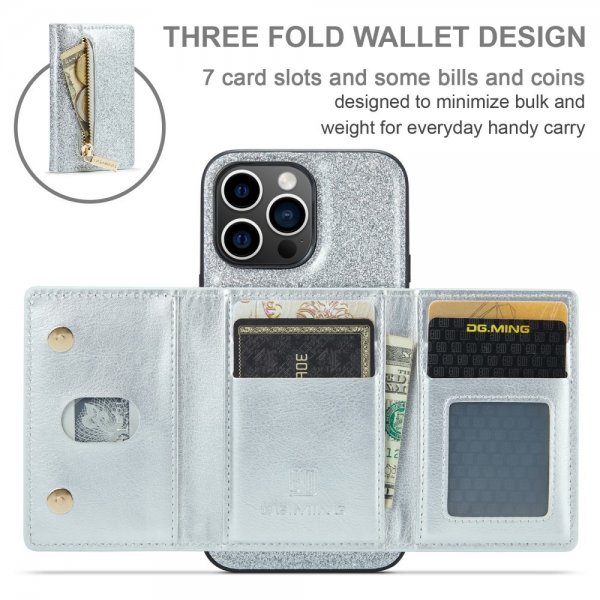Dg.Ming iPhone 15 Pro Max Deksel M3 Series Avtakbart Kortholder Glitter Sølv