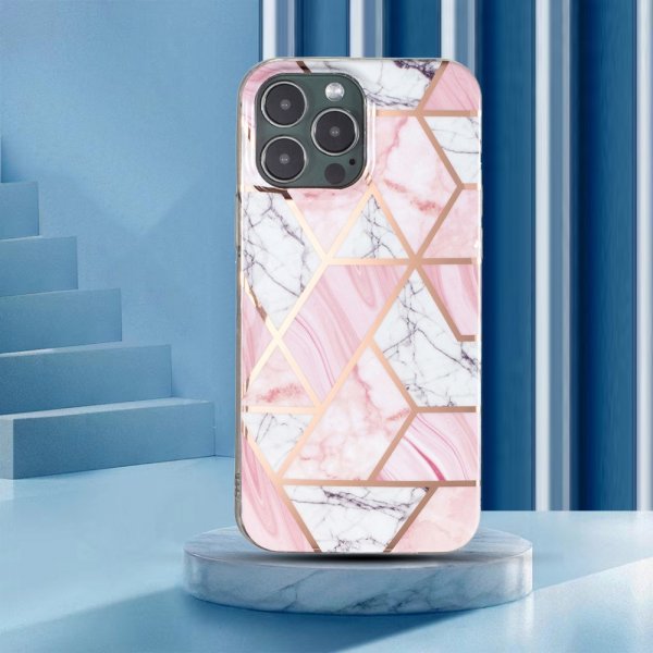 iPhone 15 Pro Max Deksel Marmormønster Rosa Hvit