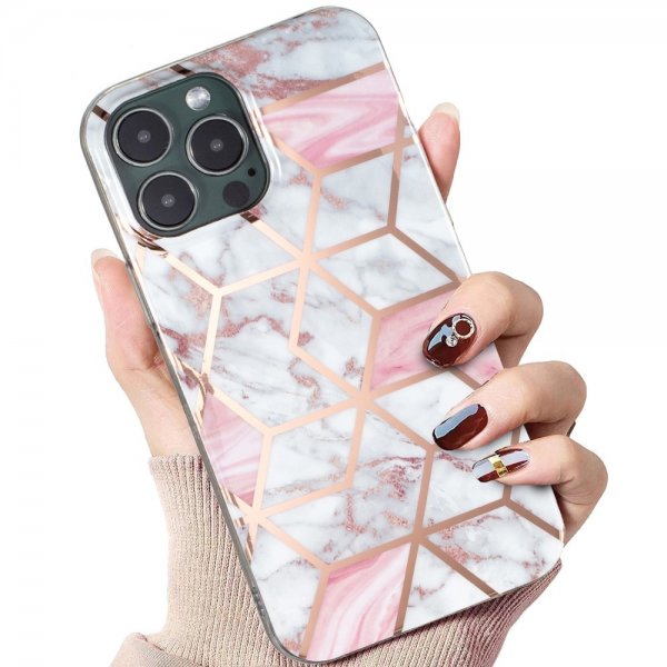 iPhone 15 Pro Max Deksel Marmormønster Hvit Rosa