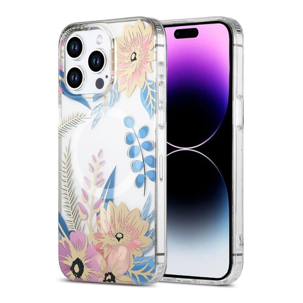iPhone 15 Pro Deksel Blomstermønster MagSafe Rosa Blå